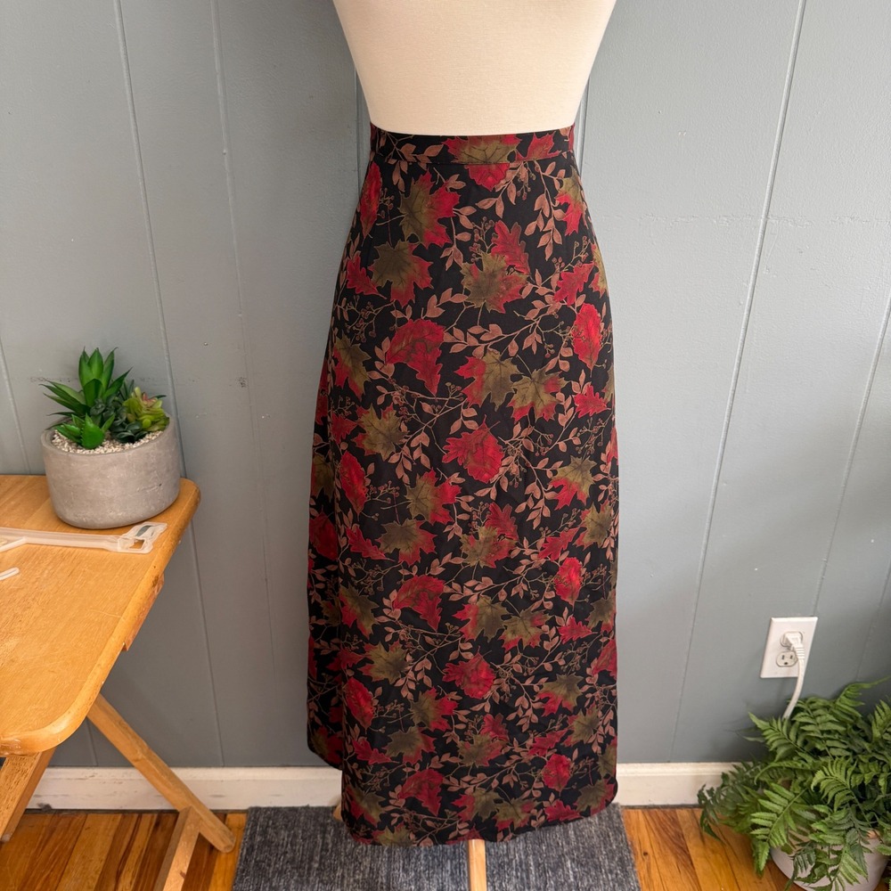 Ellen Figg Vintage 90s Fall Leaf Print Maxi Skirt Dark Academia Size 12 Made USA